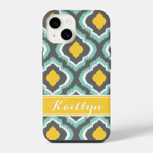 Grey Aqua and Yellow Ikat Moroccan Monogram iPhone Case