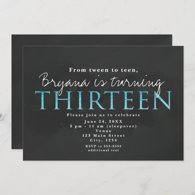 Grey & Aqua Blue 13TH 13 Birthday Party Invitation (Front/Back)