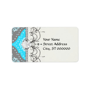 grey aqua blue white henna damask label
