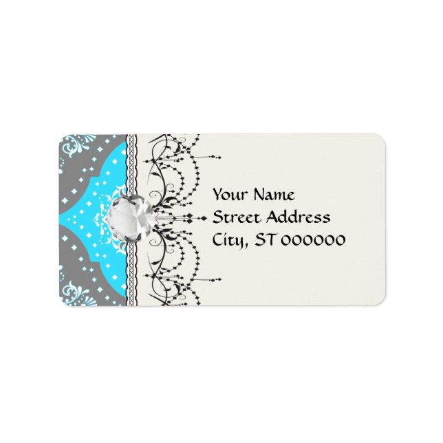 grey aqua blue white henna damask label (Front)