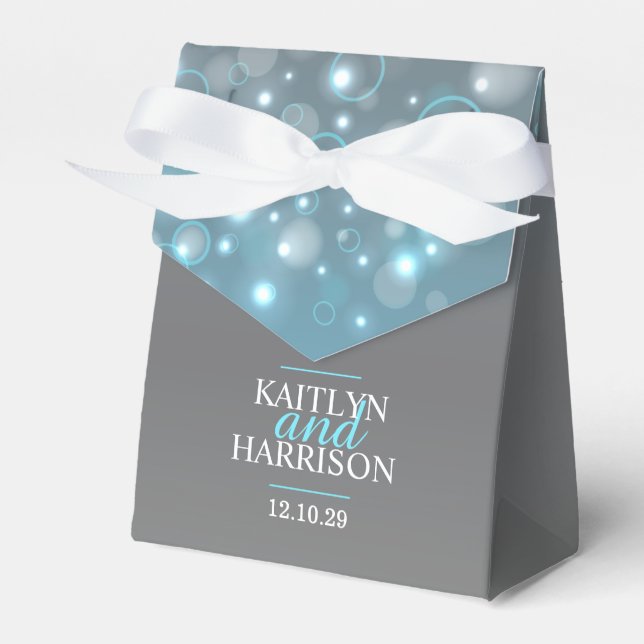 Grey aqua champagne bubbles wedding favour box (Front Side)