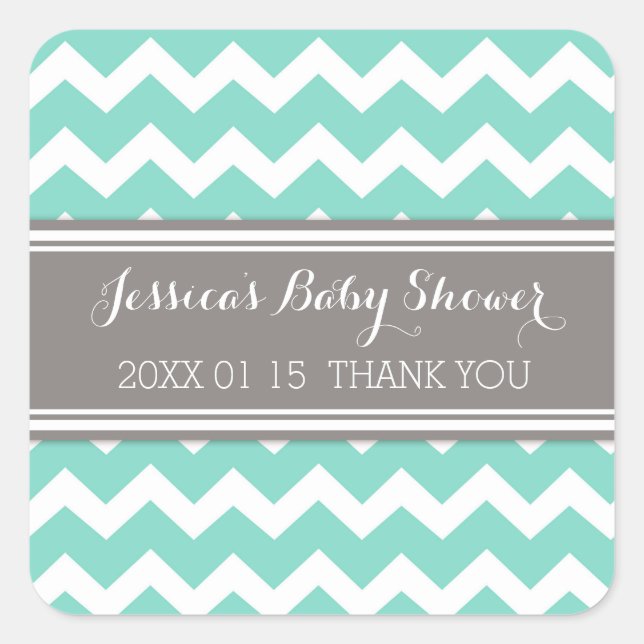 Grey Aqua Chevron Baby Shower Favour Stickers (Front)