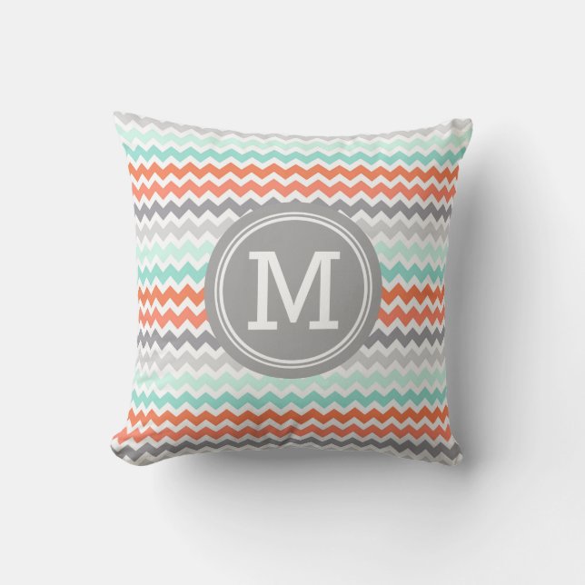 Grey Aqua Coral Chevron Monogram Decorative Pillow (Front)