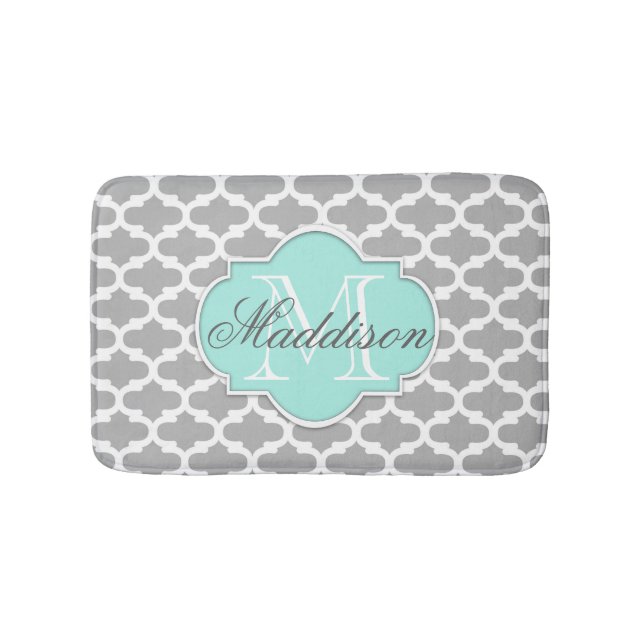 Grey Aqua Elegant Pattern Monogram Bath Mat (Front)