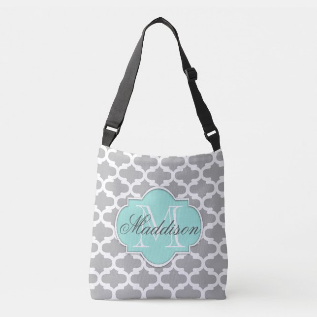 Grey Aqua Elegant Pattern Monogram Crossbody Bag (Front)