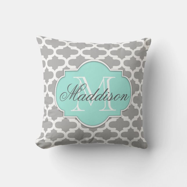 Grey Aqua Elegant Pattern Monogram Cushion (Front)