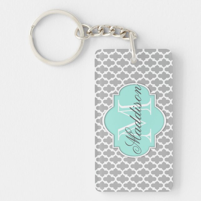 Grey Aqua Elegant Pattern Monogram Key Ring (Front)