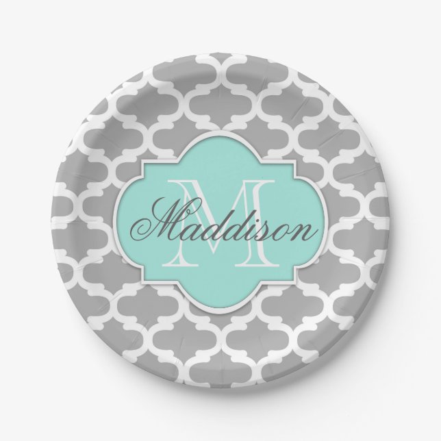 Grey Aqua Elegant Pattern Monogram Paper Plate (Front)