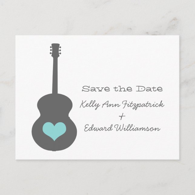 Grey/Aqua Guitar Heart Save the Date Postcard (Front)