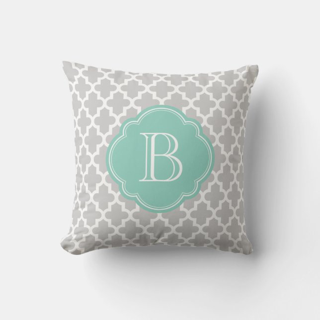 Grey & Aqua Modern Moroccan Custom Monogram Cushion (Front)