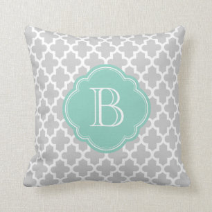 Grey & Aqua Modern Moroccan Custom Monogram Cushion