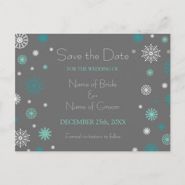 Grey Aqua Save the Date Winter Wedding Postcards (Front)