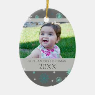 Grey Aqua Snow Photo Baby's 1st Christmas Ornament