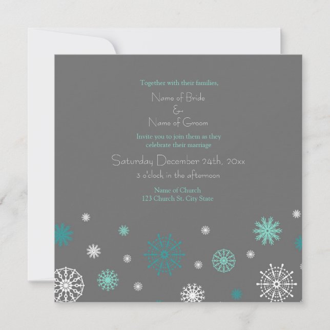 Grey Aqua Snow Winter Wedding Invitation Cards (Front)