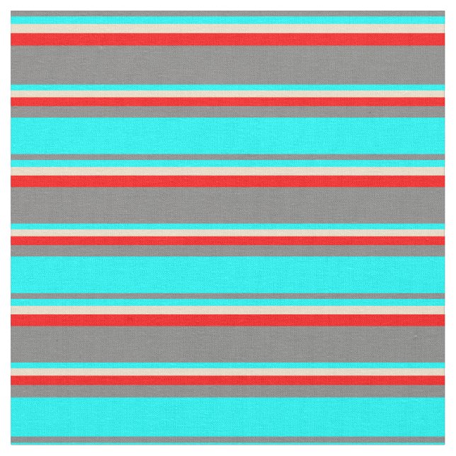 Grey, Aqua, Tan & Red Coloured Stripes Fabric (Close Up)