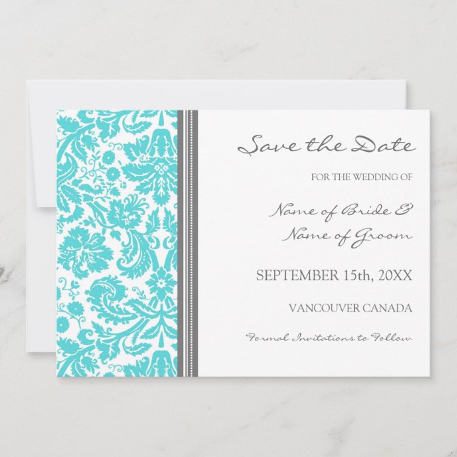 Grey Aqua Wedding Save the Date Card (Front)