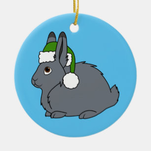 Grey Arctic Hare with Christmas Green Santa Hat Ceramic Ornament