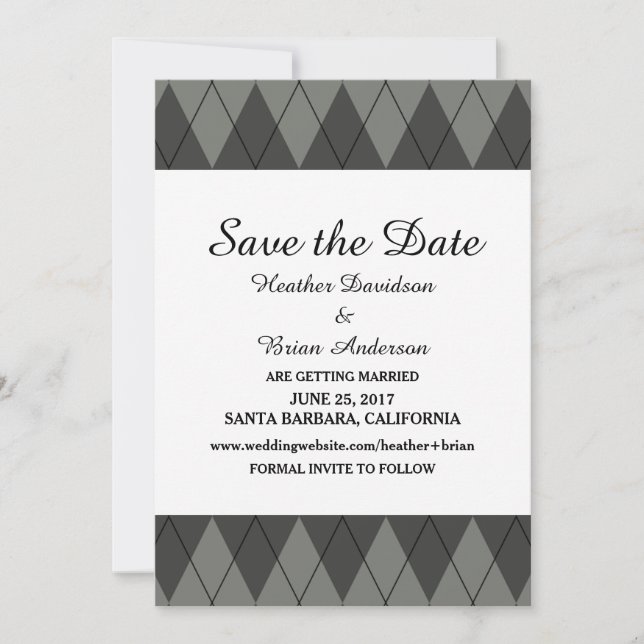 Grey Argyle Save the Date Invite (Front)