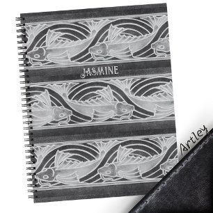 Grey Art Nouveau Fish in Waves Custom Name Notebook