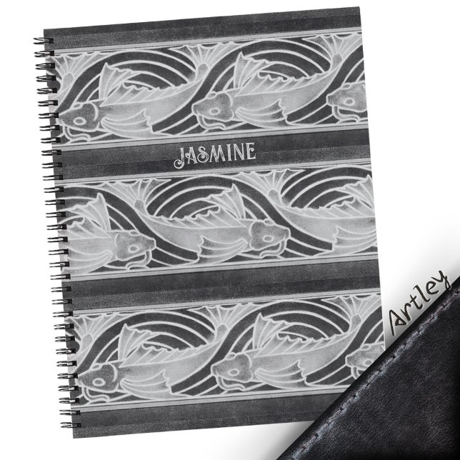 Grey Art Nouveau Fish in Waves Custom Name Notebook (Creator Uploaded)