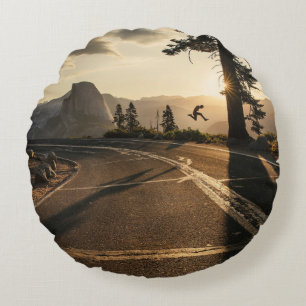 Grey asphalt road near mountain in the morning round cushion