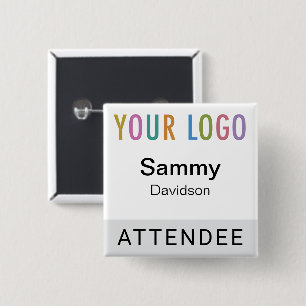 Grey Attendee Name Badge with Logo Pinback Square