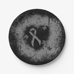 Grey Awareness Ribbon Grunge Heart Paper Plate