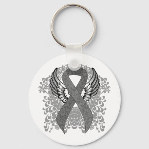 Grey Awareness Ribbon with Wings Key Ring