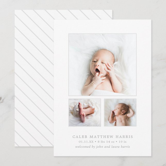 Grey Baby Boy Photo Collage Simple Birth Announcement (Front/Back)