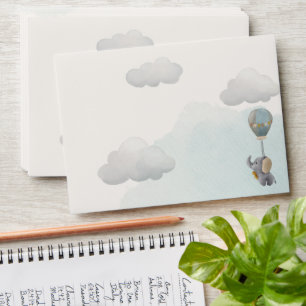 Grey Baby Elephant, Hot Air Balloon in Clouds Envelope