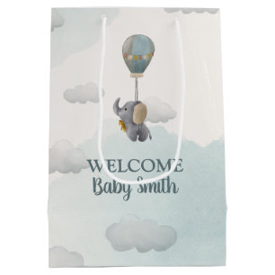 Grey Baby Elephant, Hot Air Balloon in Clouds Medium Gift Bag