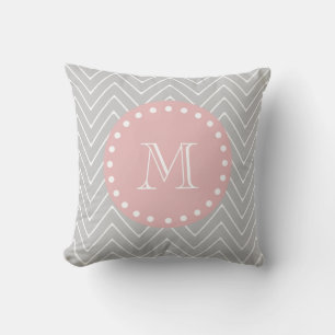 Grey Baby Pink Modern Chevron Custom Monogram Cushion