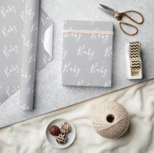 Grey Baby Script Elegant Baby Wrapping Paper