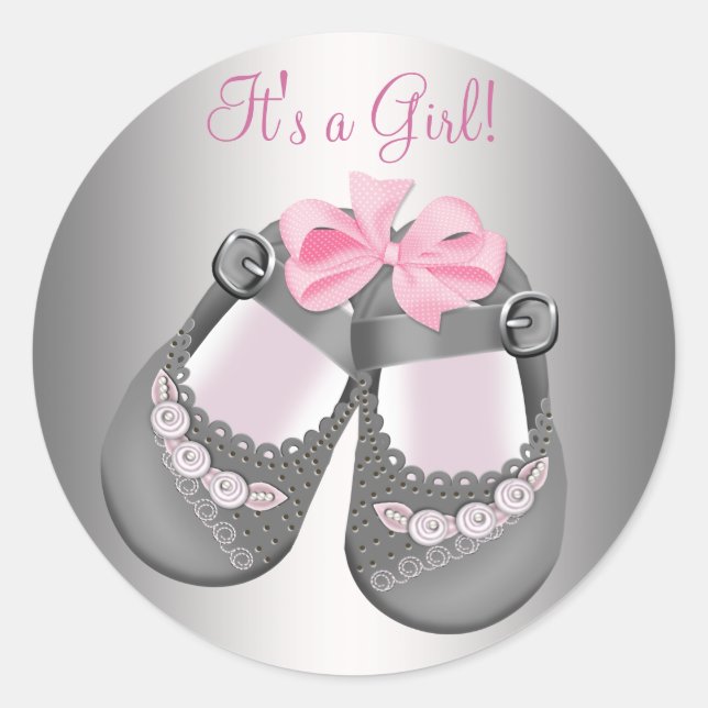 Grey Baby Shoes Pink Grey Baby Shower Stickers (Front)