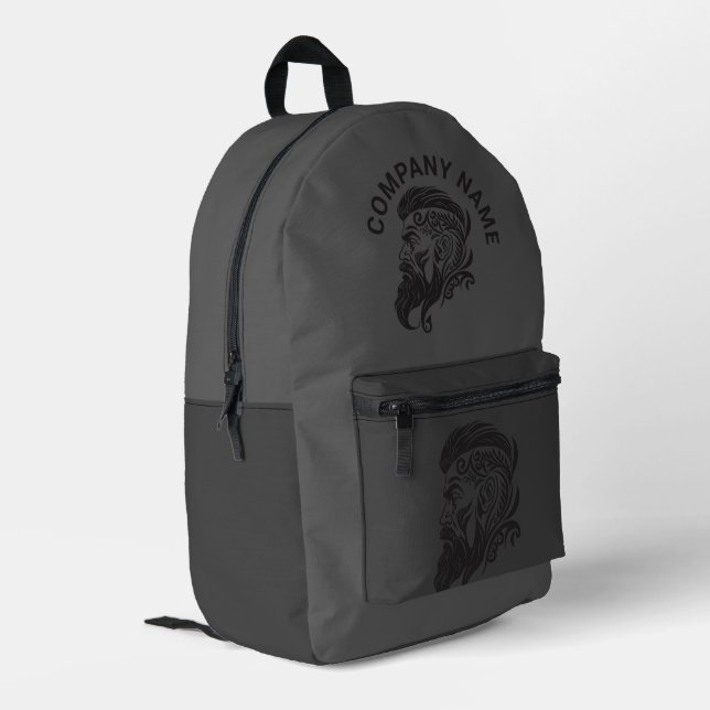 Grey background, black barber logo custom text printed backpack (Back Corner Left)