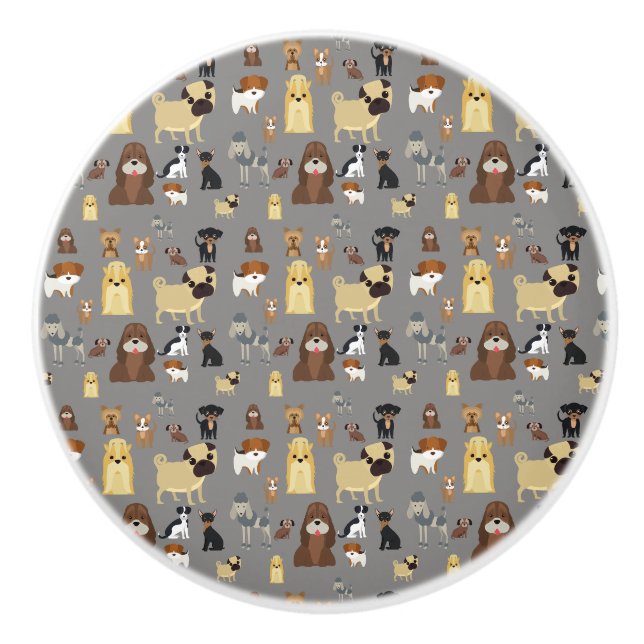 grey background dogs pattern. ceramic knob (Front)