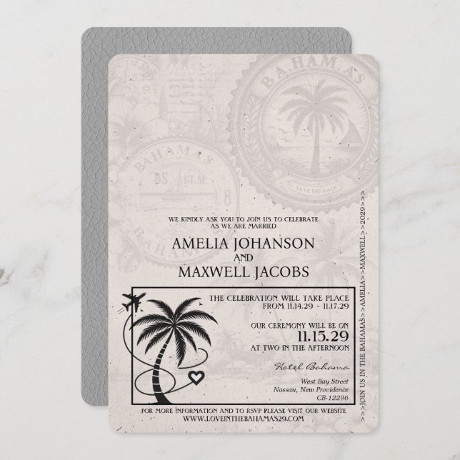 Grey Bahamas Passport Wedding Invitation (Front/Back)