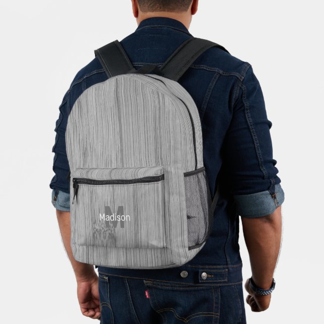Grey bamboo wood print custom Monogram name Printed Backpack (Insitu (Model))