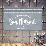 Grey Bar Mitzvah Modern Silver Tallit Bold Script  Banner<br><div class="desc">Be proud, rejoice and showcase this milestone of your favourite Bar Mitzvah! Hang up this cool, unique, modern, personalised banner to add to his special day. Bold, white script typography, Star of David, and a soft grey and silver glitter striped tallit inspired graphic overlay a simple, lighter soft grey background....</div>