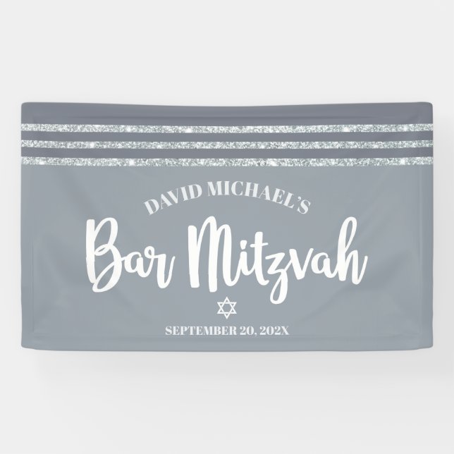 Grey Bar Mitzvah Modern Silver Tallit Bold Script  Banner (Horizontal)