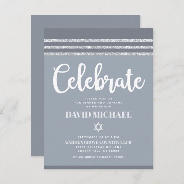 Grey Bar Mitzvah Silver Tallit Bold Modern Simple Enclosure Card (Front/Back)