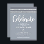 Grey Bar Mitzvah Silver Tallit Bold Modern Simple Enclosure Card<br><div class="desc">Be proud, rejoice and showcase this milestone of your favourite Bar Mitzvah! Include this cool, unique, modern, personalised insert for additional information to your event. Bold, white script typography, Star of David and a soft grey and silver glitter striped tallit inspired graphic overlay a simple, lighter soft grey background. Personalise...</div>