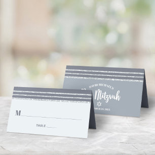 Grey Bar Mitzvah Silver Tallit Bold Script Modern Place Card