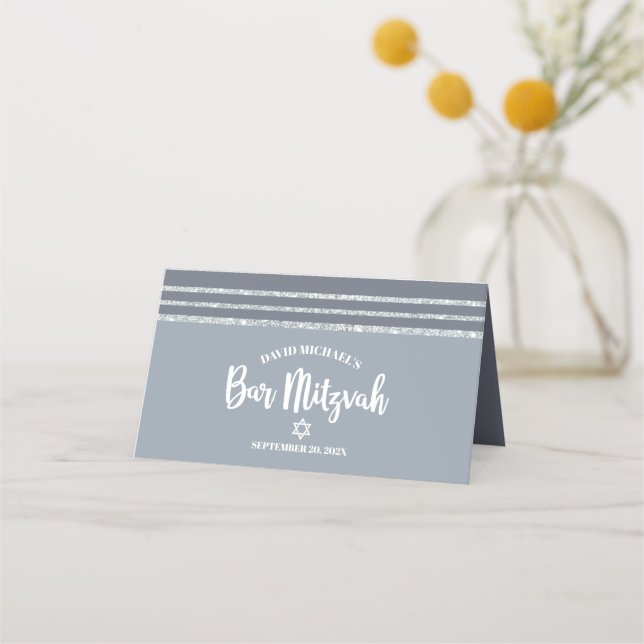 Grey Bar Mitzvah Silver Tallit Bold Script Modern Place Card (Back)