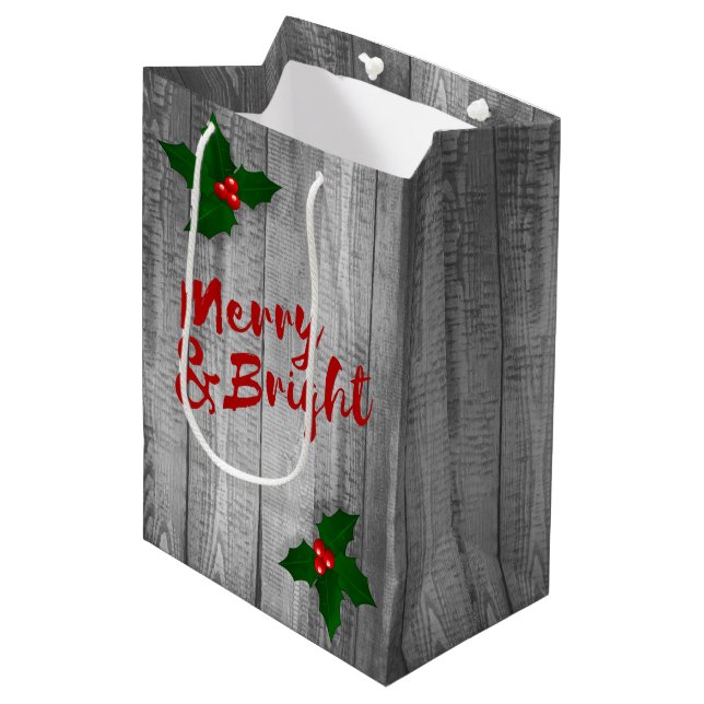 Grey Barn Wood Planks Merry & Bright Christmas Medium Gift Bag (Front Angled)