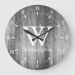 Grey Barn Wood Planks White Roman Numerals Name Large Clock
