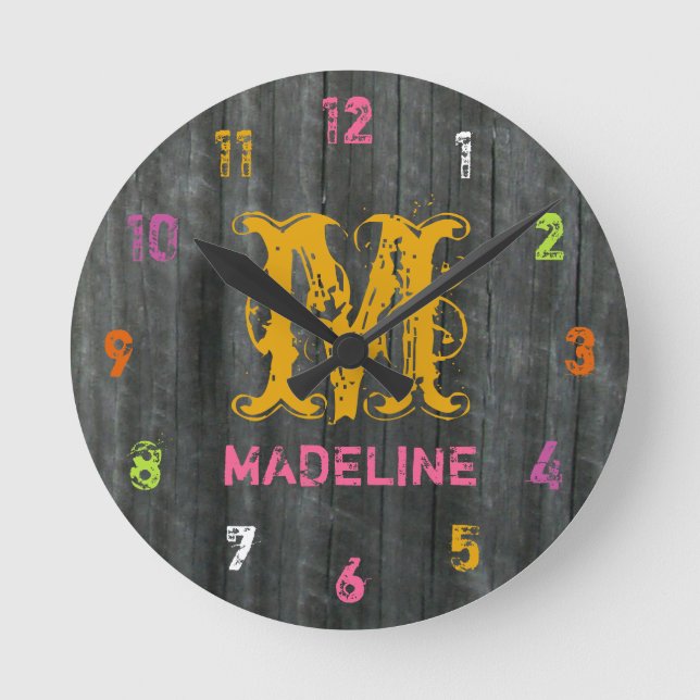 Grey Barnwood Inspired Colourful Personalised Cloc Round Clock (Front)