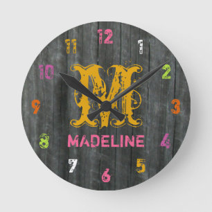 Grey Barnwood Inspired Colourful Personalised Cloc Round Clock