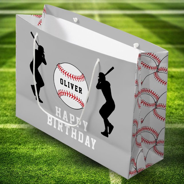 Grey Baseball Ball Player Kids Name Birthday Large Gift Bag (Creator Uploaded)