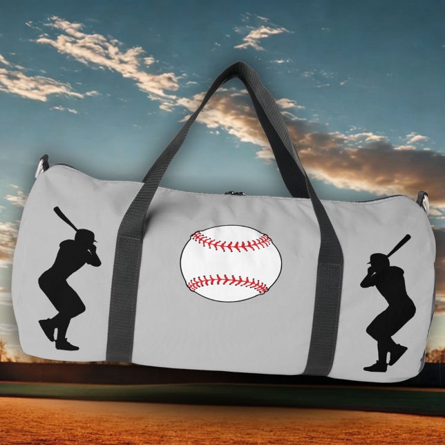 Grey Baseball Ball Player Silhouette Name Number Duffle Bag (Creator Uploaded)